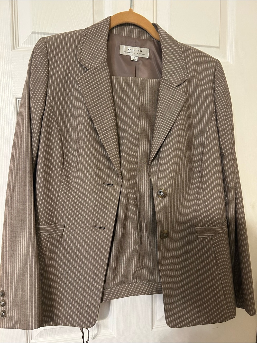 Tahari Taupe Pinstripe Blazer Jacket and slacks
